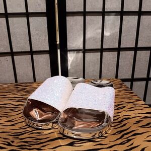 Sparkle Slide Sandals - Iridescent White Glitter